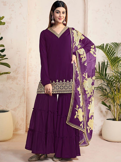 Dhiyona HOP Ethnic Motifs Embroidered V-Neck Kurta & Sharara With Dupatta