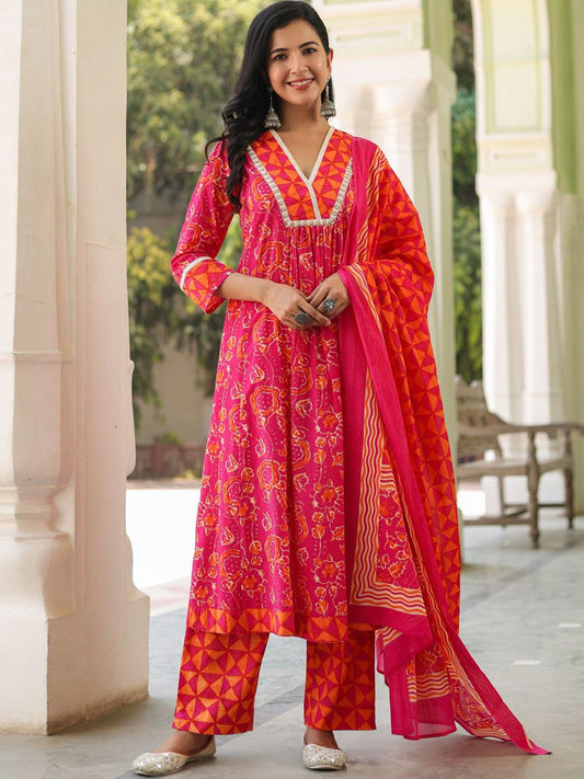 Dhiyona RR Women's Floral Sequinned Pure Cotton Kurta with Trousers & Dupatta