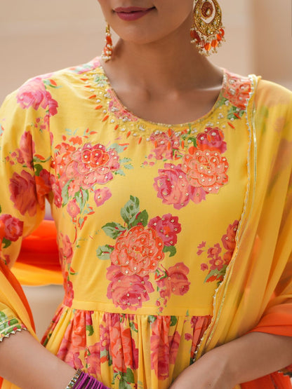 Dhiyona RR Women's Floral Printed Sequinned Pure Cotton Anarkali Kurta with Trousers & Dupatta