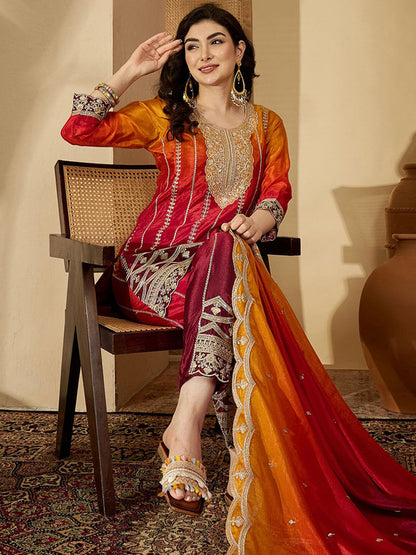 Floral Embroidered Round Neck Sequinned Kurta With Trouser & Dupatta
