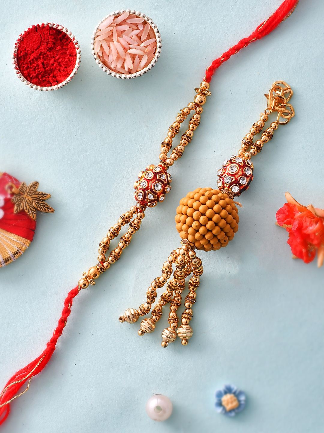 Dhiyona Gold-Toned Rudraksha Beaded Bhaiya Bhabhi Rakhi With Roli Chawal & Greeting Card