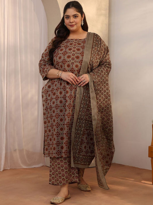Dhiyona Women's Plus Size Ethnic Motifs Printed Kurta with Trousers & Dupatta