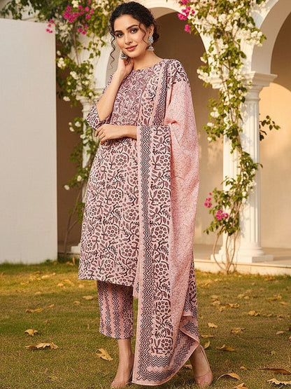 Dhiyona KL Floral Printed Round Neck Straight Kurta With Trousers & Dupatta