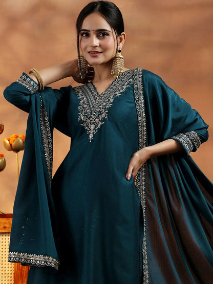 Women's LB Teal Yoke Design Silk Blend Straight Suit With Dupatta