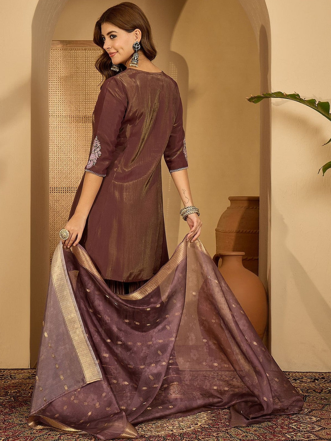 Women Brown Embroidered Kurta Sets With Dupatta