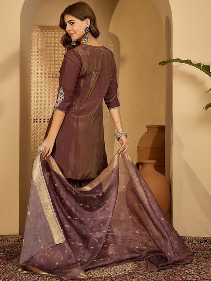Women Brown Embroidered Kurta Sets With Dupatta