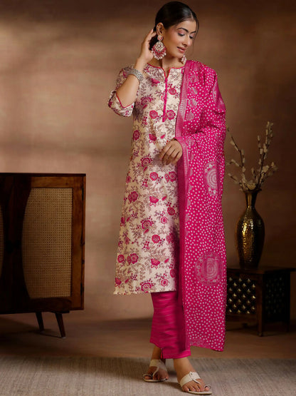 Women's LB Pink Printed Silk Blend Straight Suits With Dupatta