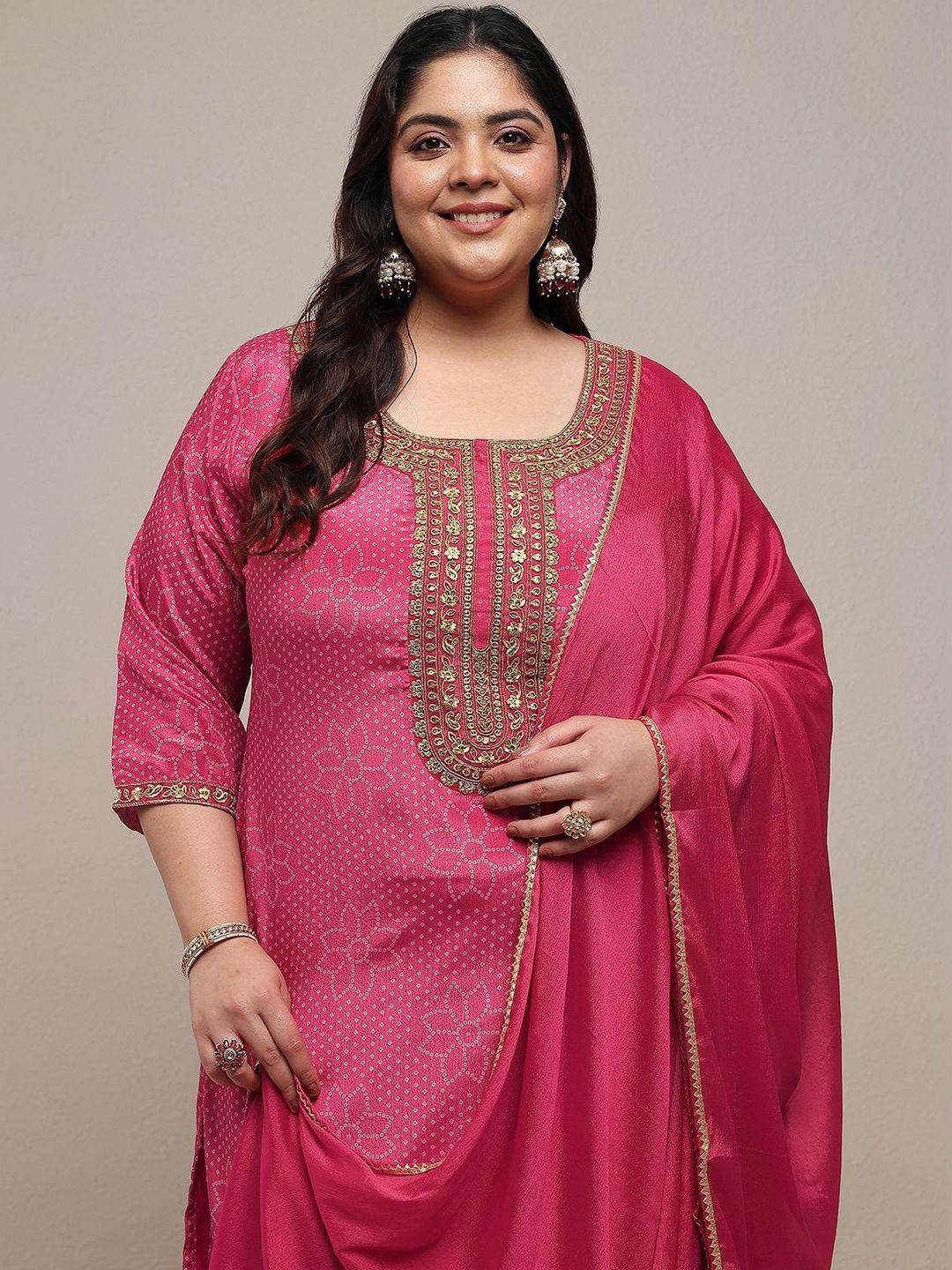 Dhiyona Women's Plus Size Ethnic Motifs Printed Kurta with Palazzos & With Dupatta