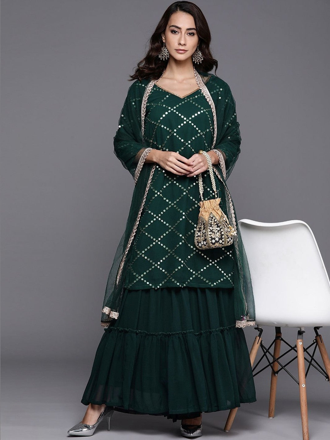 Women Ethnic Motifs Embroidered Regular Sequinned Kurta with Sharara & With Dupatta