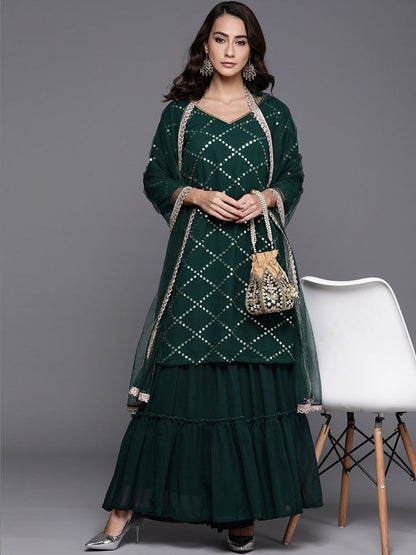 Women Ethnic Motifs Embroidered Regular Sequinned Kurta with Sharara & With Dupatta