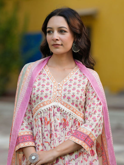 Dhiyona RR Women's Ethnic Motifs Printed Pure Cotton Kurta with Trousers & Dupatta