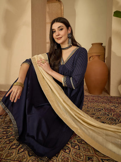 Women Navy Blue Pure Silk Kurta Sets
