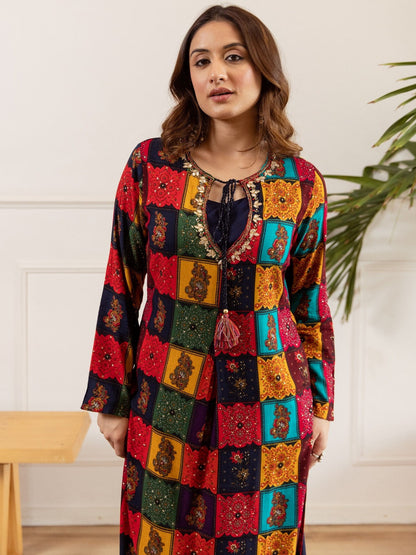 Ethnic Motifs Printed Thread Work Tie-Up Neck Straight Kurta With Palazzos