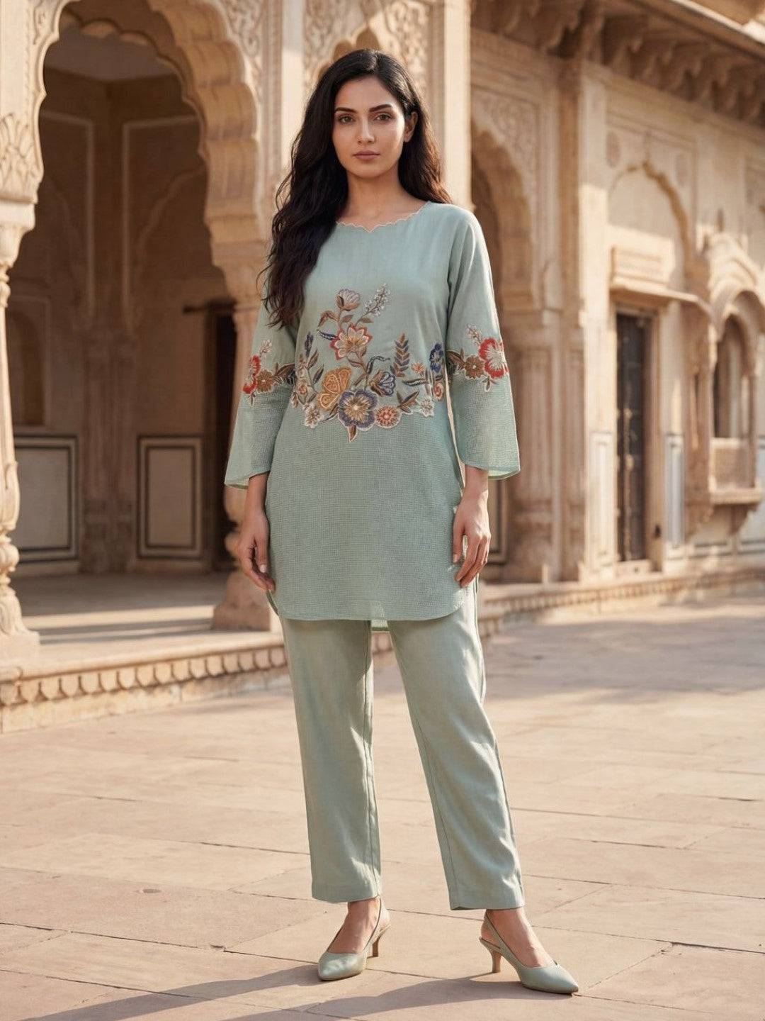 Gaur pista embroidery cotton co-ord set