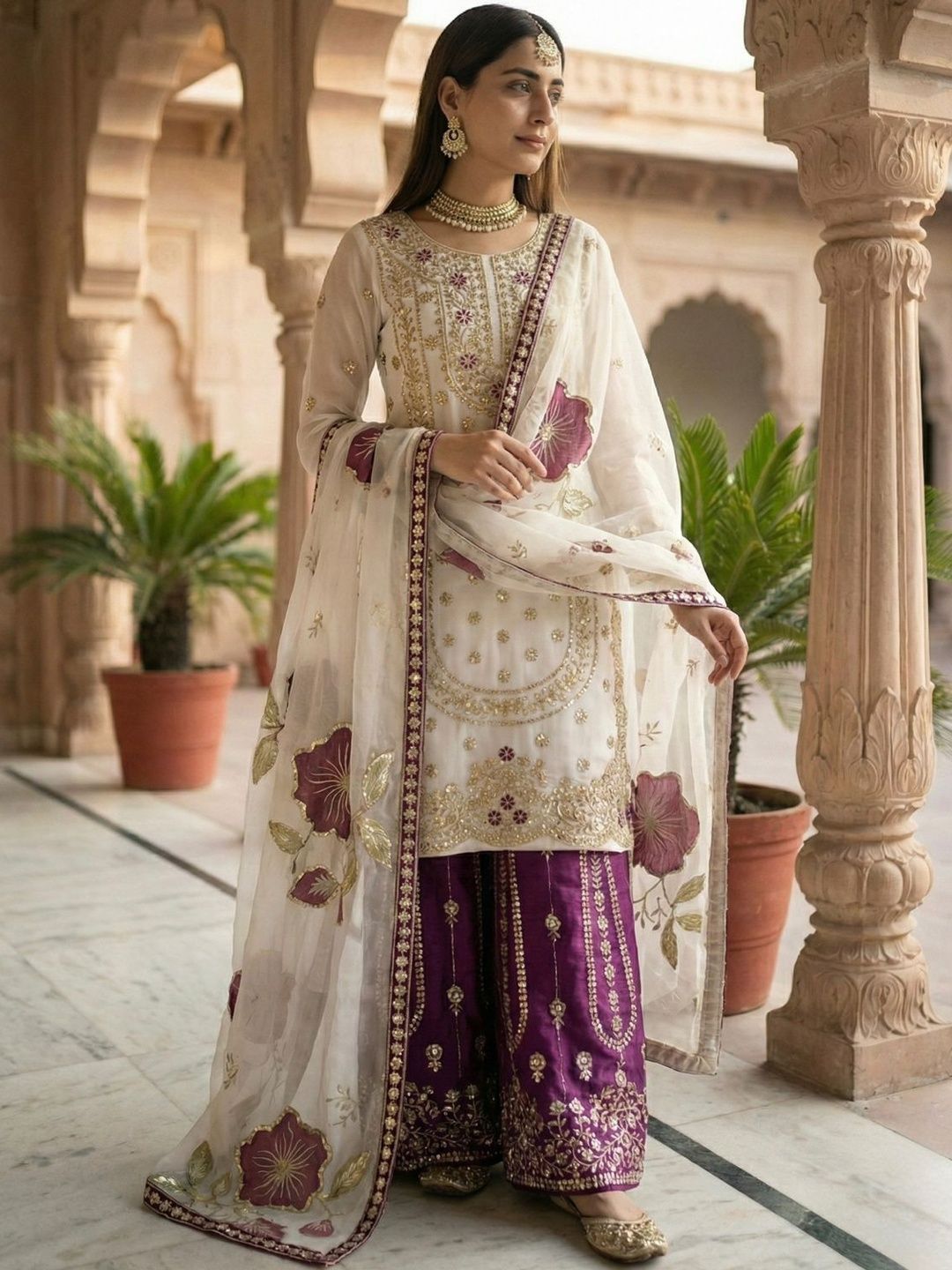 Dhiyona KL Women Floral Embroidered Regular Sequinned Kurta with Palazzos & With Dupatta