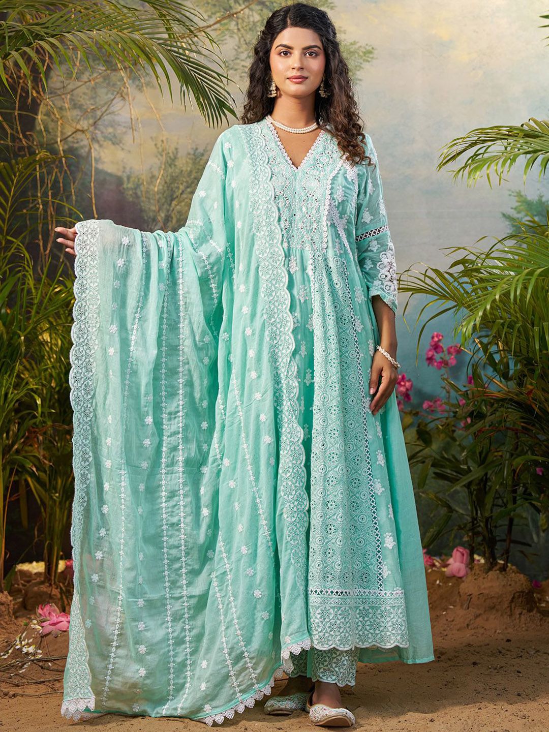 Dhiyona IE Women Floral Embroidered Cotton Kurta with Trousers & Dupatta