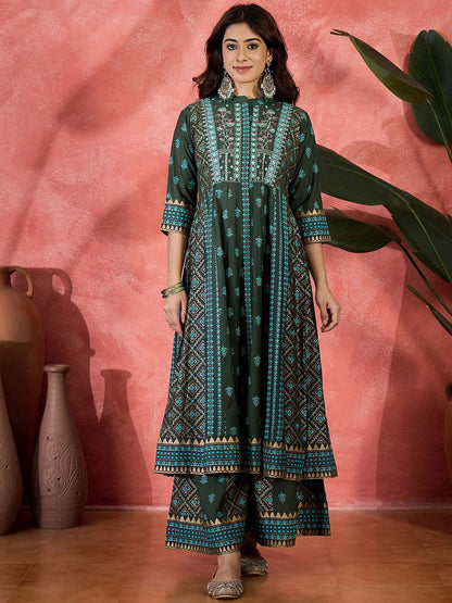 Dhiyona SN Embroidered & Block Printed Anarkali Kurta & Palazzo With Dupatta