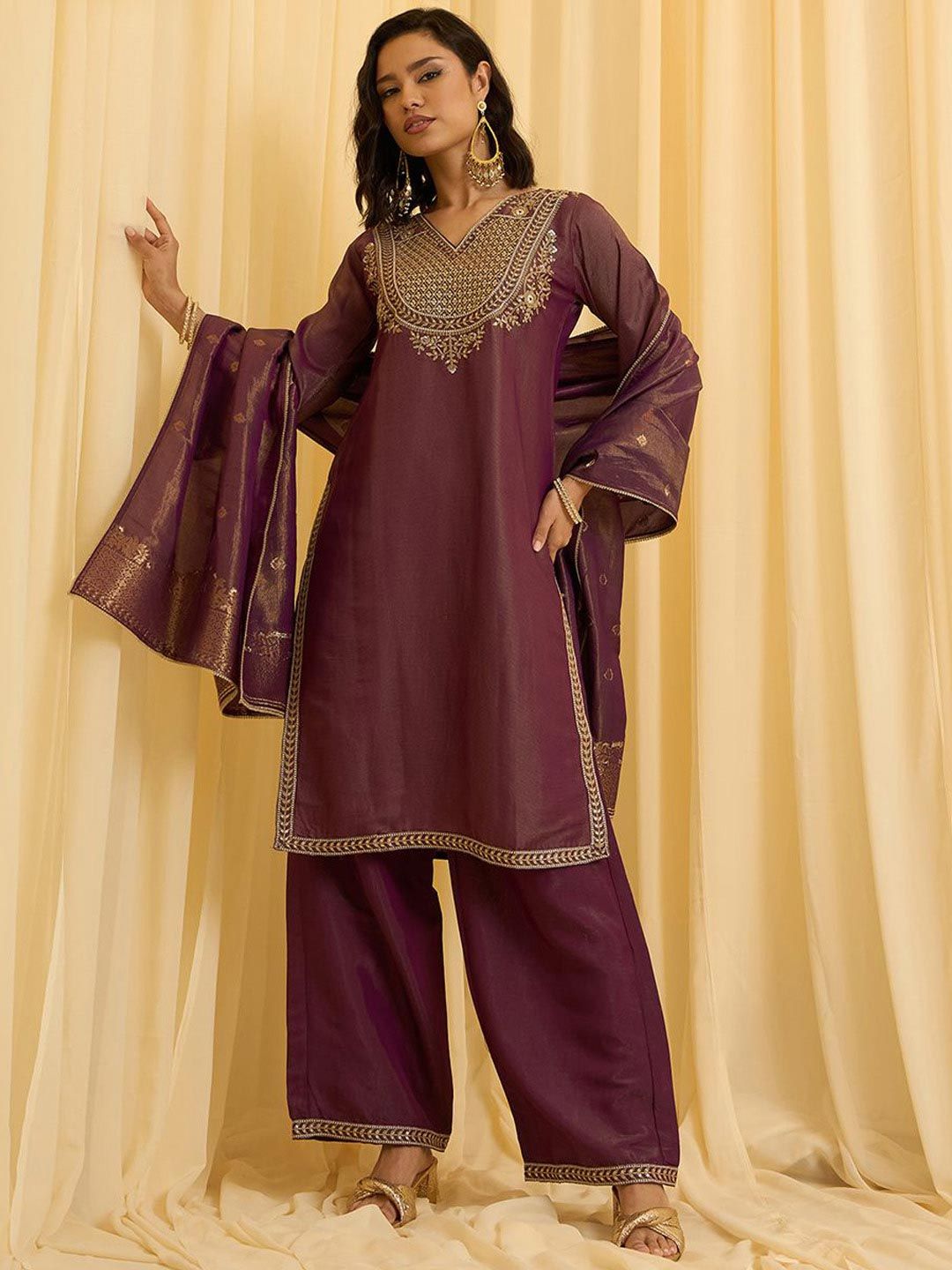 Dhiyona CH Women Ethnic Motifs Embroidered Regular Sequinned Kurta with Palazzos & Dupatta