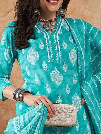 Ethnic Motifs Printed Pure Cotton Kurta With Trousers & Dupatta
