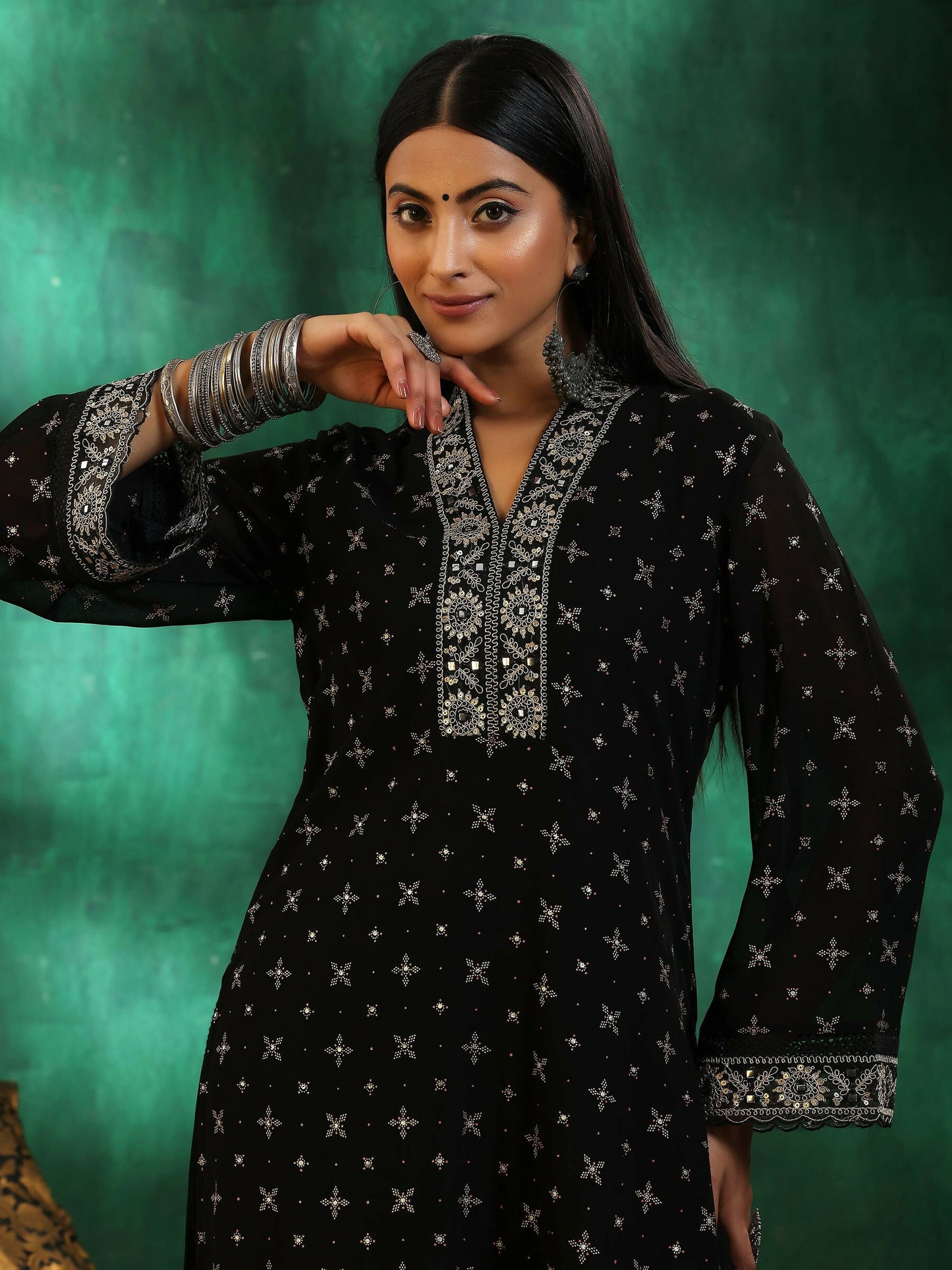 Women's LB Black Printed Georgette Straight Suit With Dupatta