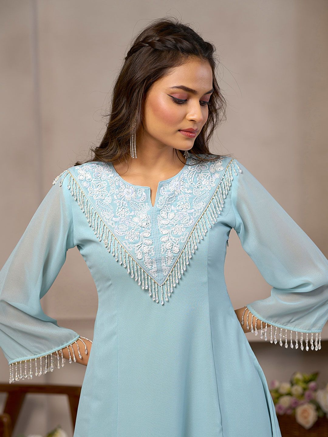 Dhiyona CH Floral Embroidered Round Neck Beads And Stones A-Line Kurta With Palazzos