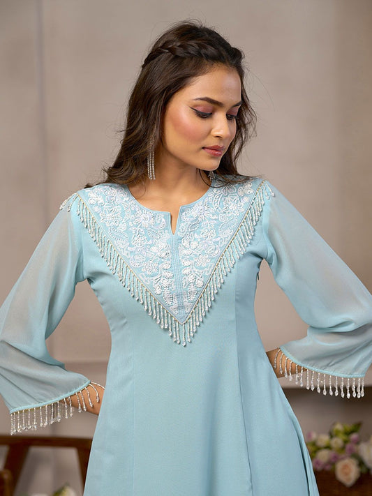 Dhiyona CH Floral Embroidered Round Neck Beads And Stones A-Line Kurta With Palazzos