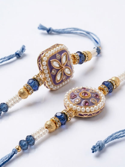 Dhiyona Set Of 2 White Pearls Thread Rakhi With Roli Chawal Chandan Mishri