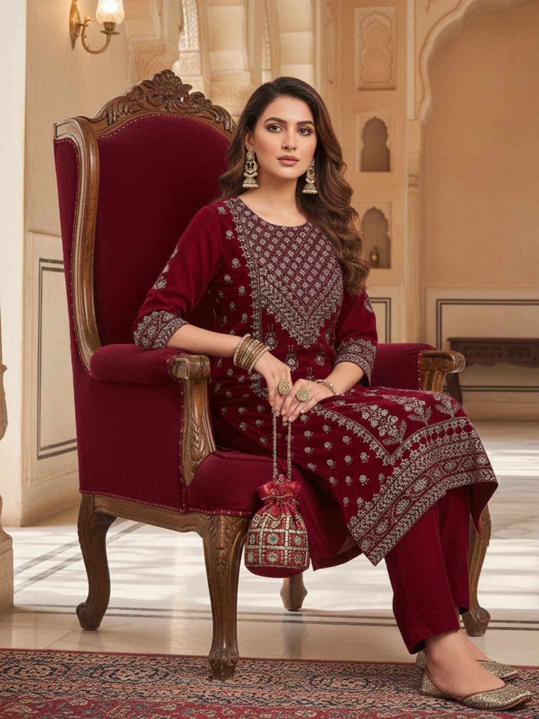 Maroon Women Ethnic Motifs Printed Regular Thread Work Velvet Kurta with Trousers