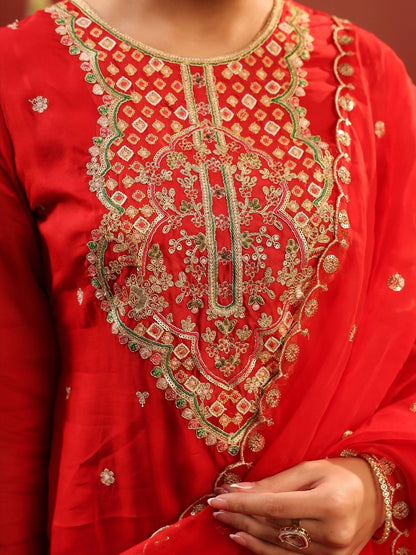Dhiyona SC Red Women Ethnic Motifs Embroidered Thread Work Kurti with Sharara & Dupatta