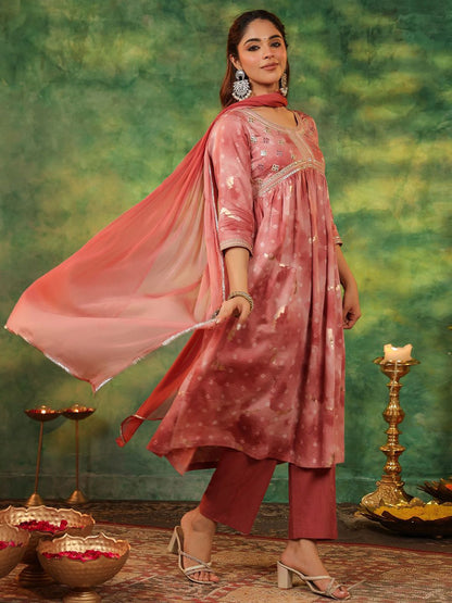 Dhiyona RR Women's Bandhani Printed Pure Cotton Anarkali Kurta With Trousers & Dupatta