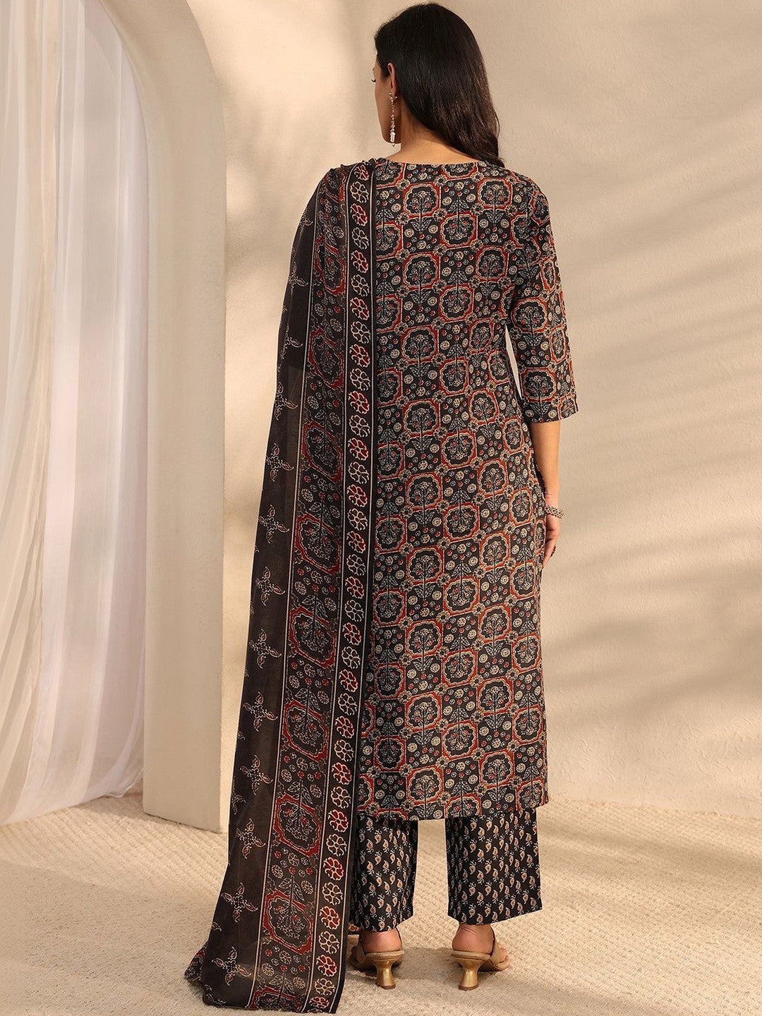 Libas Black Ajrak Printed Straight Suit Set with Dupatta