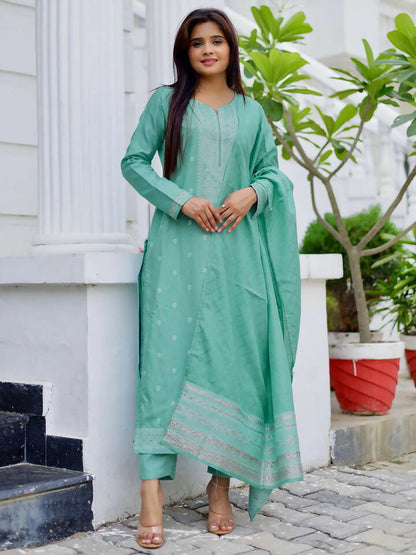 Women's LB Green Woven Design Silk Blend Straight Suit With Dupatta