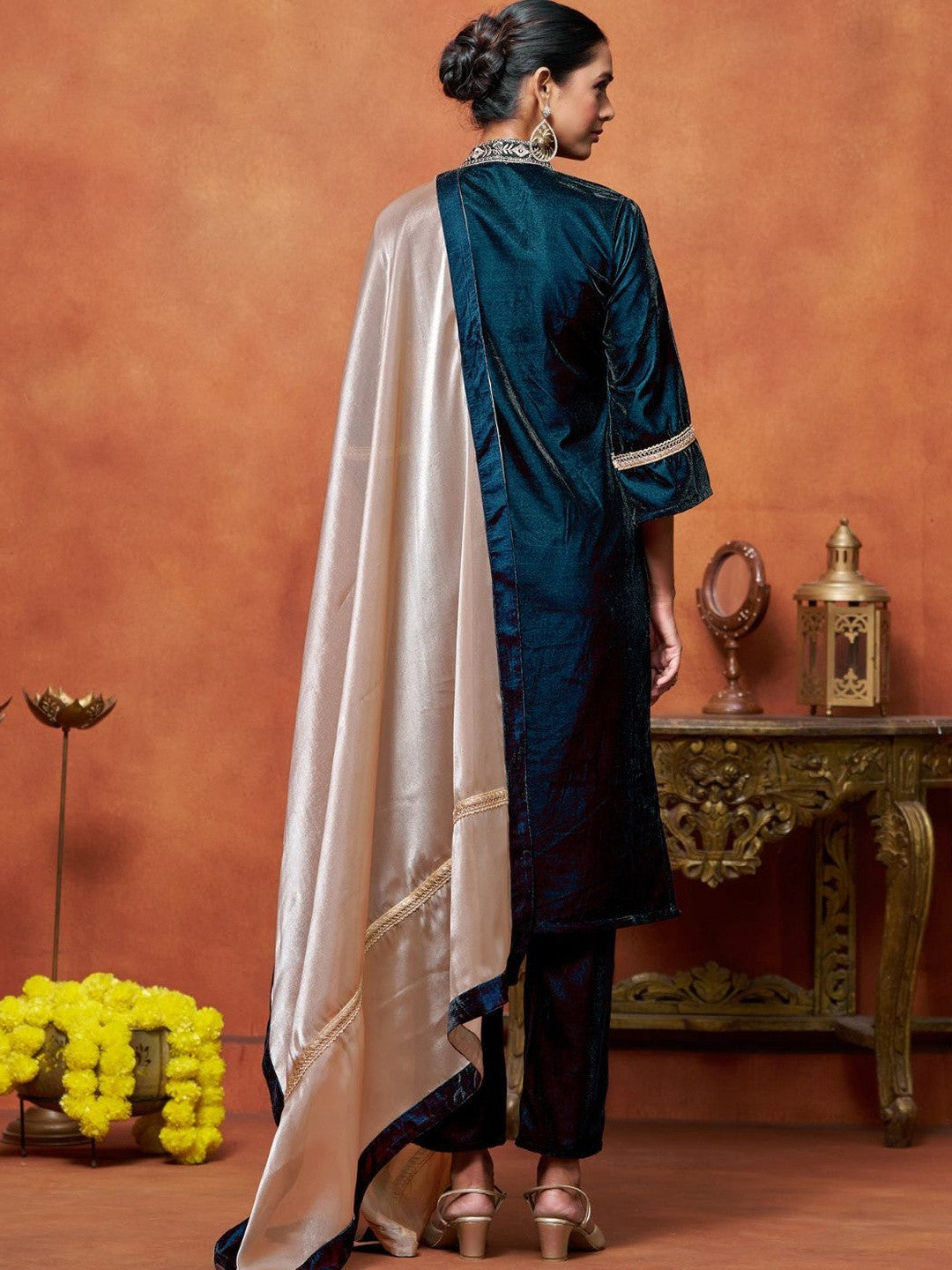 Women Velvet Embroidered Straight Kurta Pant With Dupatta Set