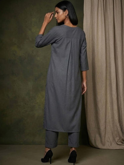 V-Neck A-Line Kurta & Trousers