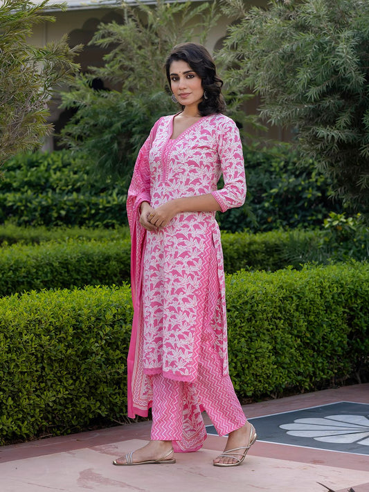 Dhiyona KL Women Floral Printed Regular Pure Cotton Kurta with Trousers & With Dupatta