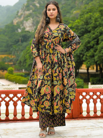 Dhiyona KL Floral Printed Straight Pure Cotton Kurta With Trouser & Dupatta