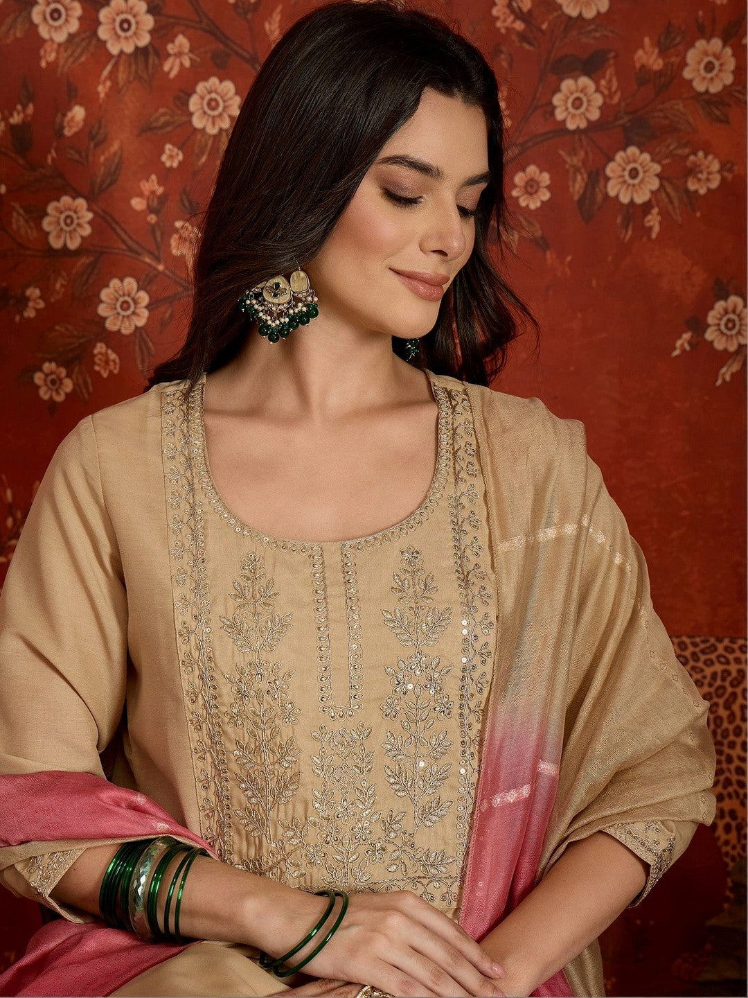Women Ethnic Motifs Embroidered Regular Sequinned Kurta with Trousers & With Dupatta