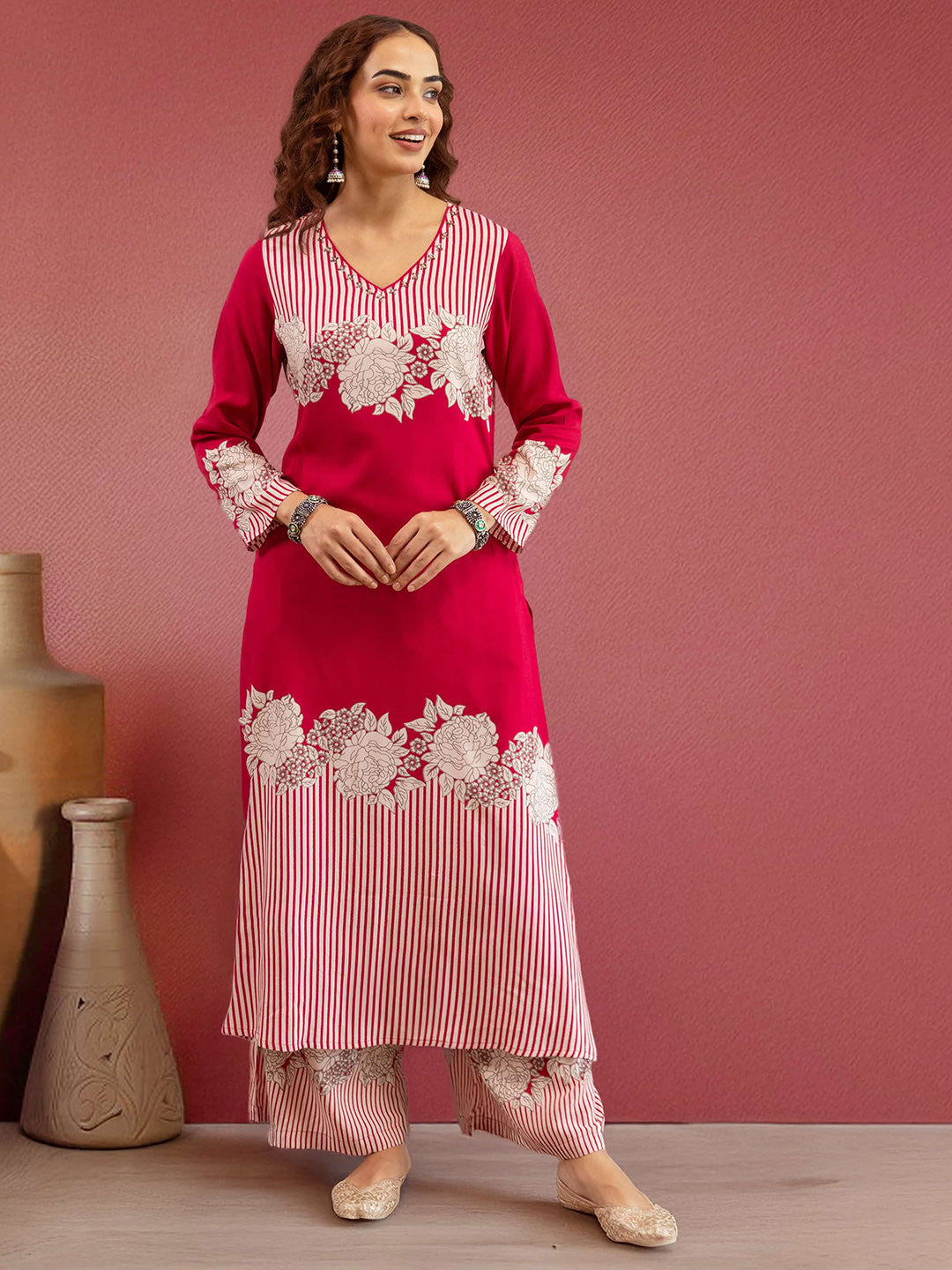Floral Printed Sequinned V-Neck Straight Kurta & Palazzos