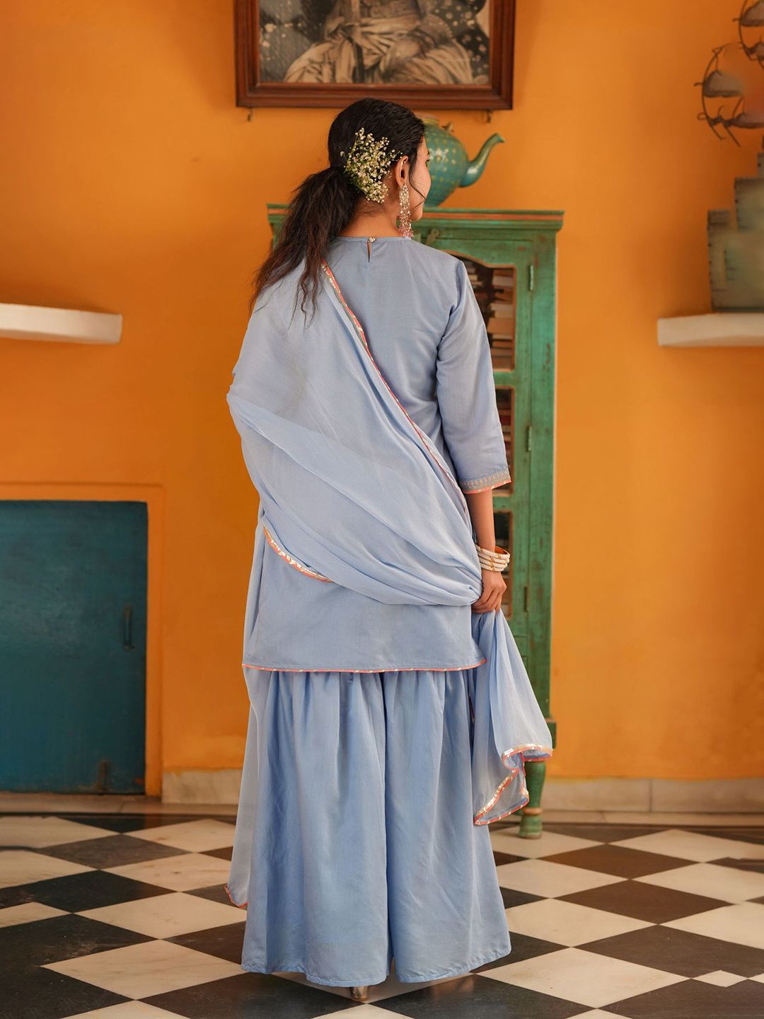 Dhiyona SC Women Blue Chanderi Silk Zari Embroidered Sharara Set