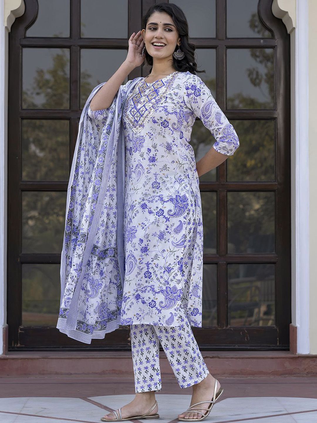 Dhiyona KL Paisley Printed Zari Pure Cotton Straight Kurta With Trouser & Dupatta