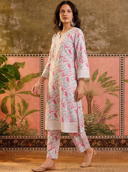 Printed Pure Cotton V-Neck Kurta & Trousers