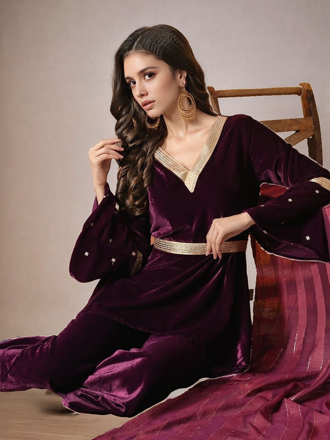 Velvet V-Neck Kurti & Palazzos with Dupatta Set