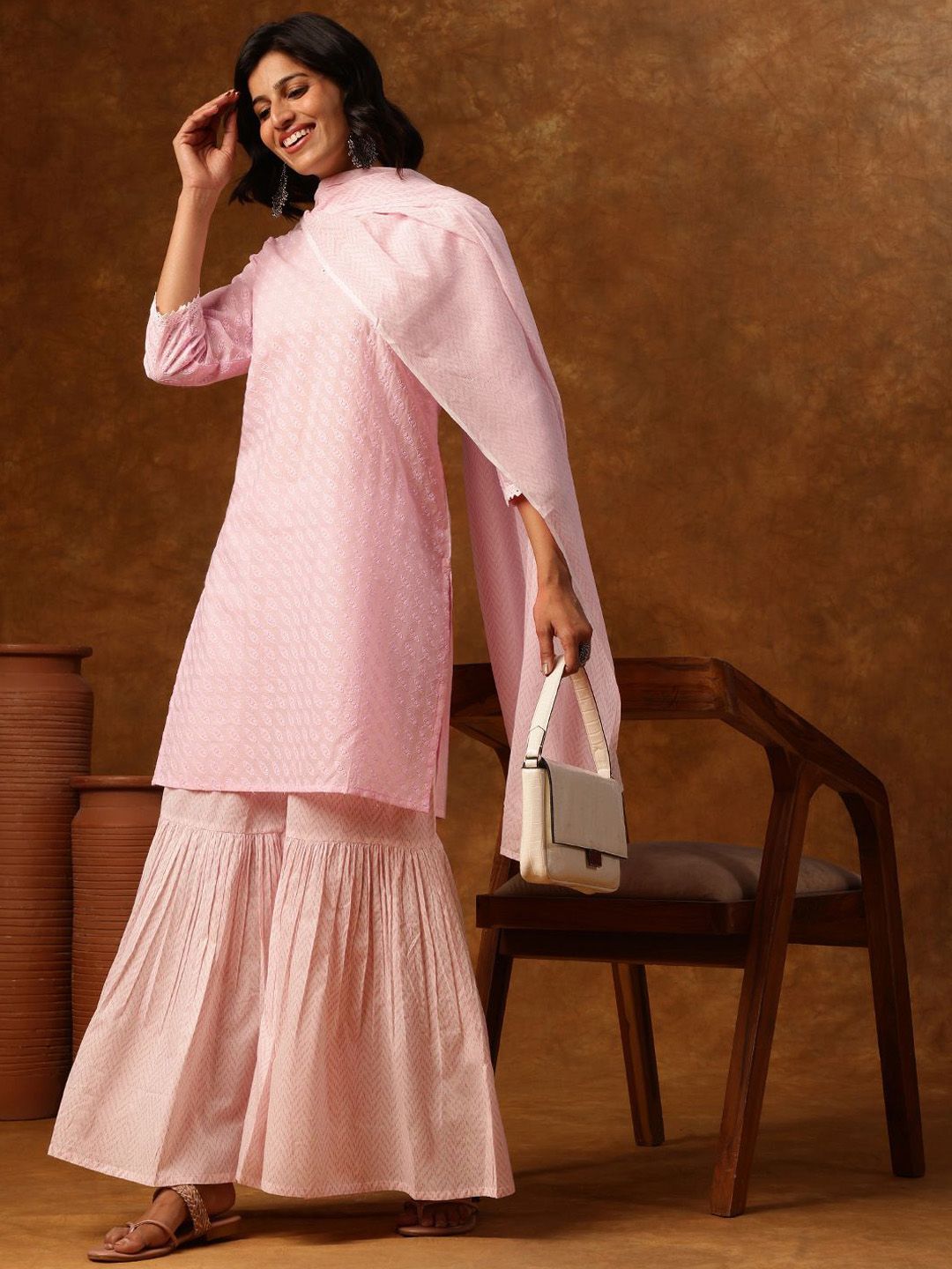 Dhiyona AN Embroidered Thread Work Notch Neck Straight Kurta With Sharara & Dupatta