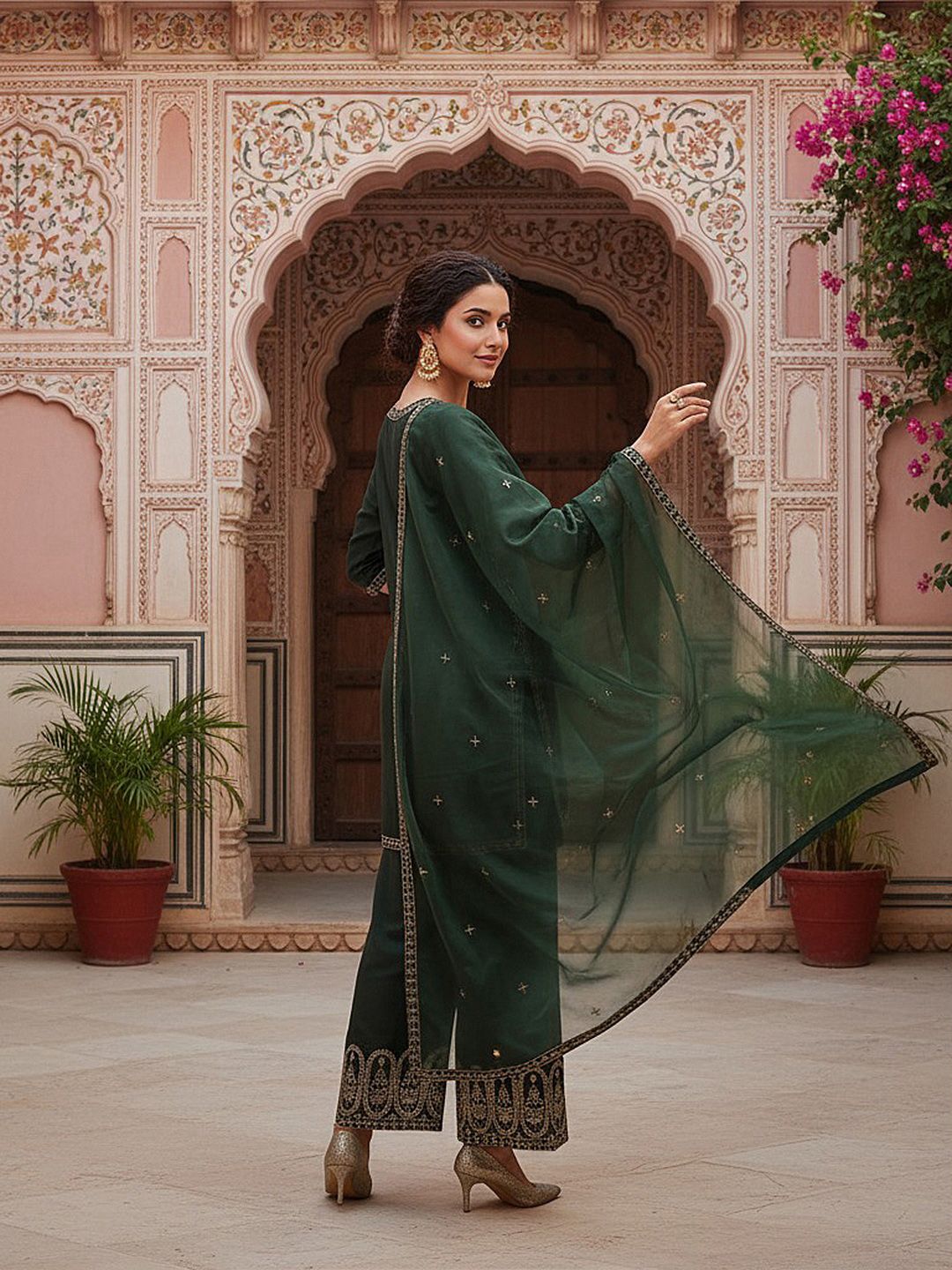 Dhiyona KL Ethnic Motifs Embroidered Notched Neck Straight Kurti with Palazzos & With Dupatta