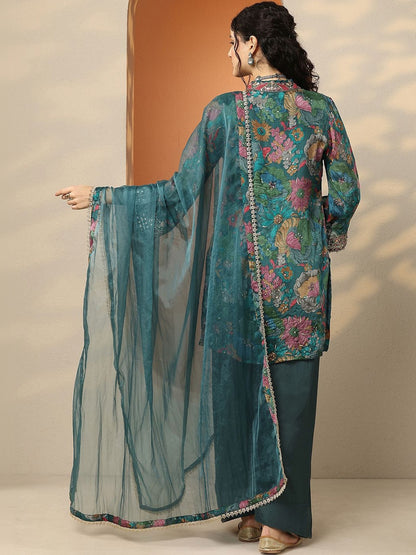 Women Floral Printed Regular Thread Work Kurta with Palazzos & With Dupatta