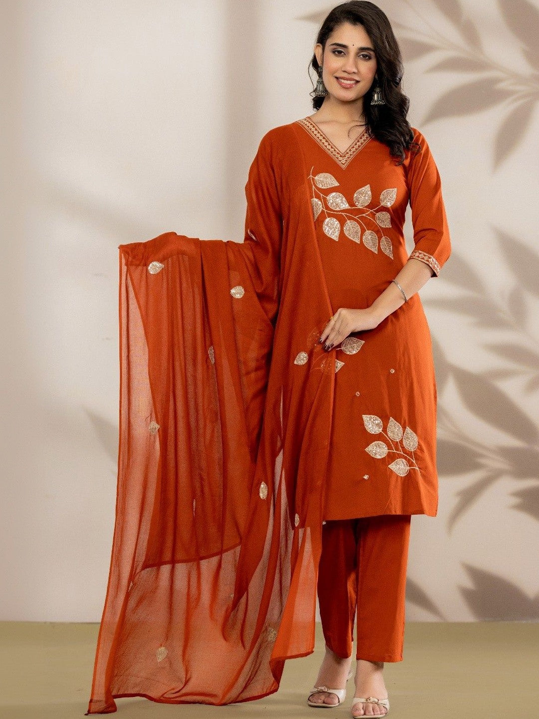 Women Ethnic Motifs Embroidered Regular Sequinned Pure Cotton Kurta with Trousers & With Dupatta
