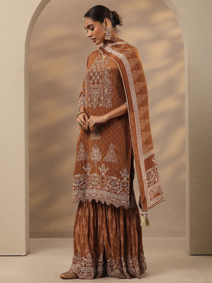 Dhiyona LL Women Ethnic Motifs Embroidered Regular Thread Work Silk Crepe Kurta with Sharara & With Dupatta