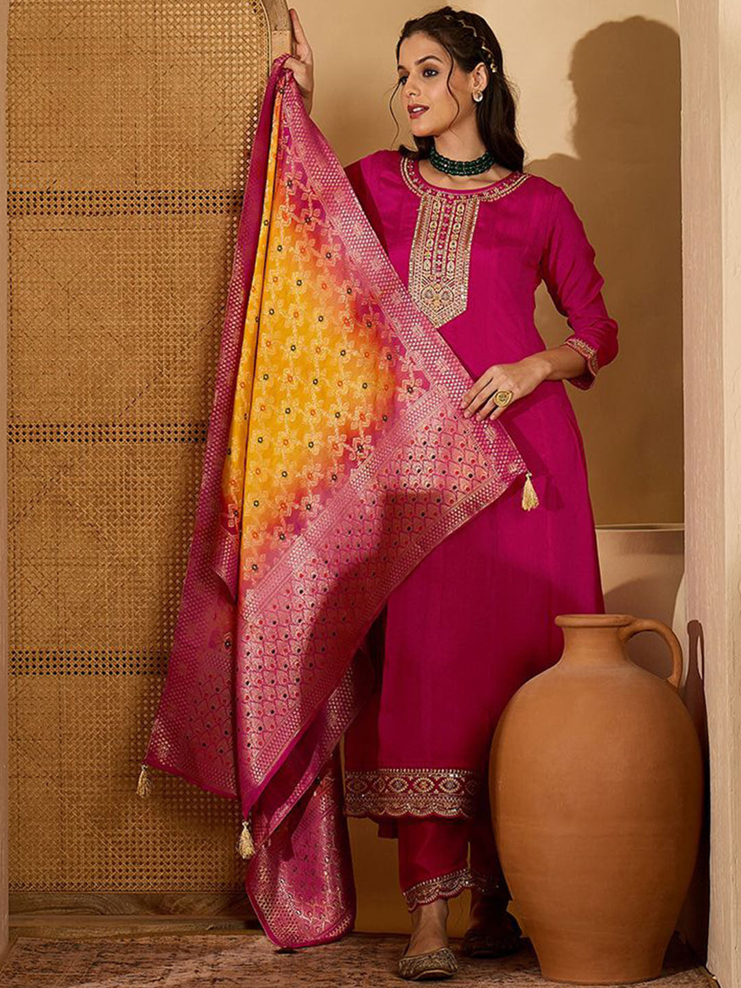 Dhiyona SN Women Floral Embroidered A-Line Kurta with Trousers & Dupatta