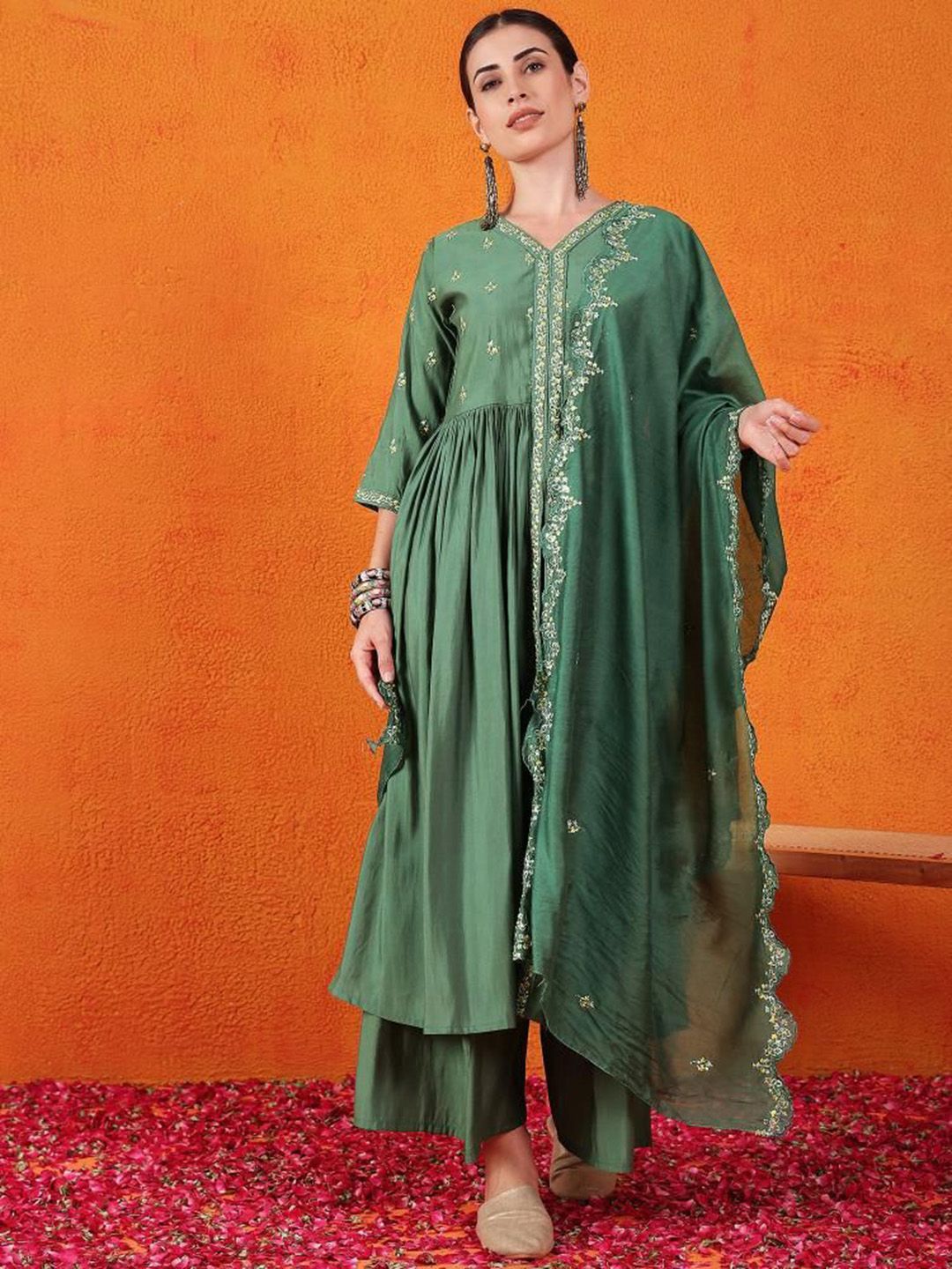 Dhiyona SN Embroidered Kurta With Palazzos & Dupatta