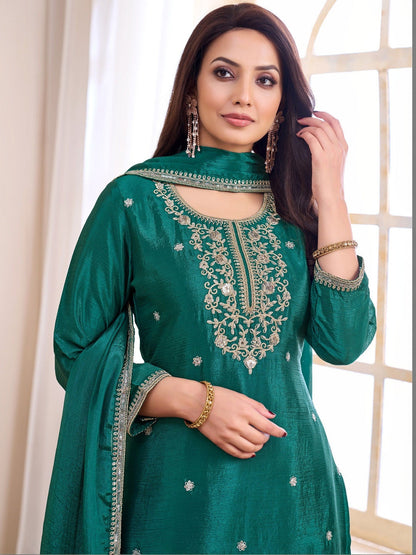 Embroidered Round Neck Kurta & Palazzos With Dupatta